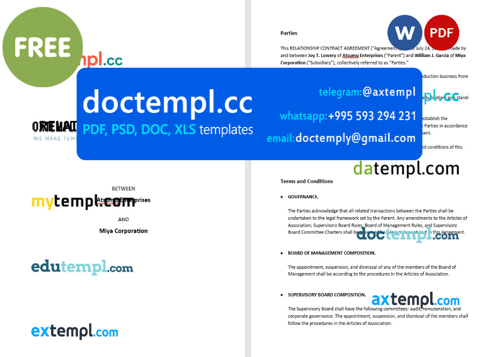 relationship contract agreement template, Word and PDF format