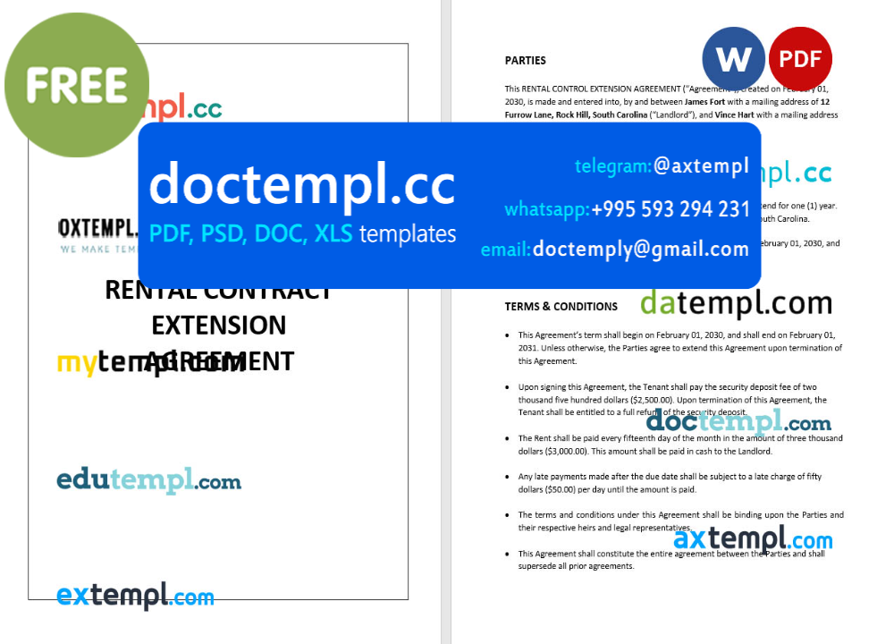 rental contract extension agreement template, Word and PDF format