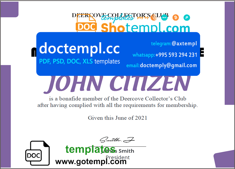USA Club Membership certificate template in Word and PDF format, fully editable