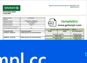 Turkey Sekerbank bank statement template in .doc and .pdf format, fully editable