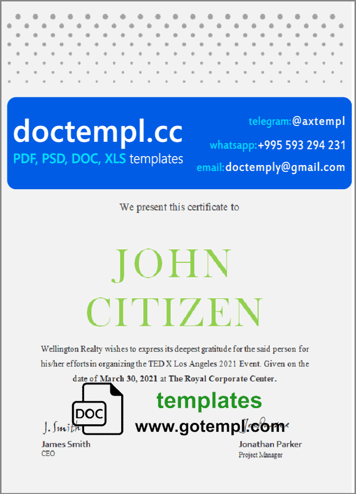 USA Service certificate template in Word and PDF format, fully editable