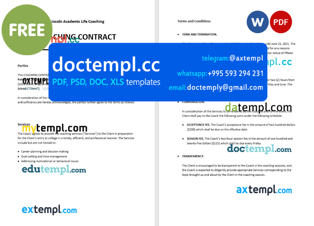 simple coaching contract template, Word and PDF format