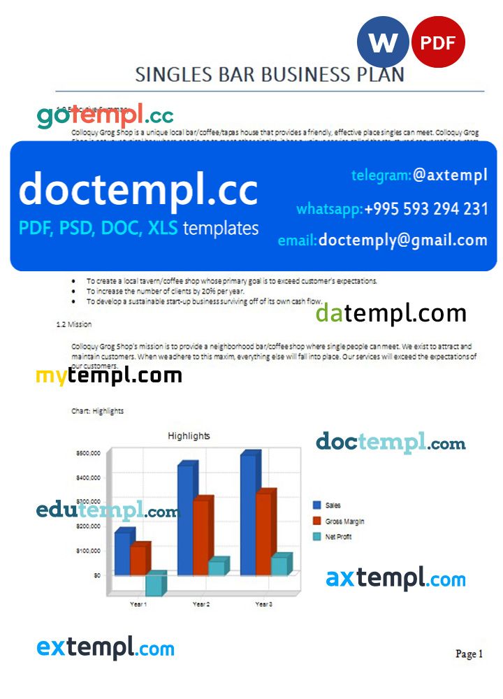 singles bar business plan template in Word and PDF formats