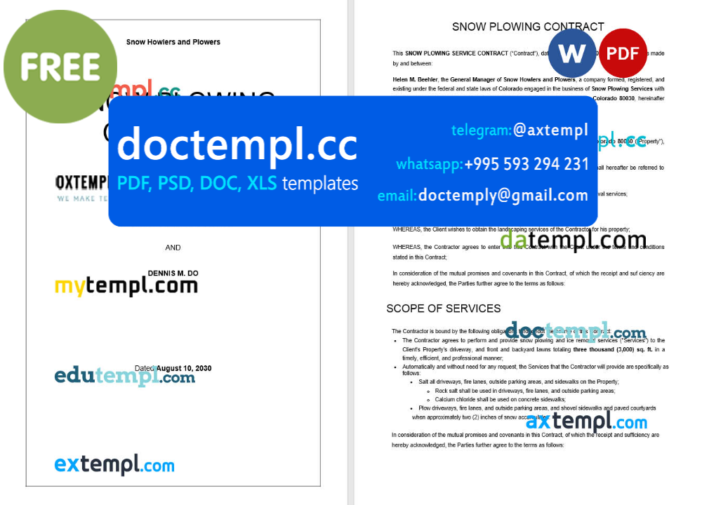 snow plowing contract template, Word and PDF format