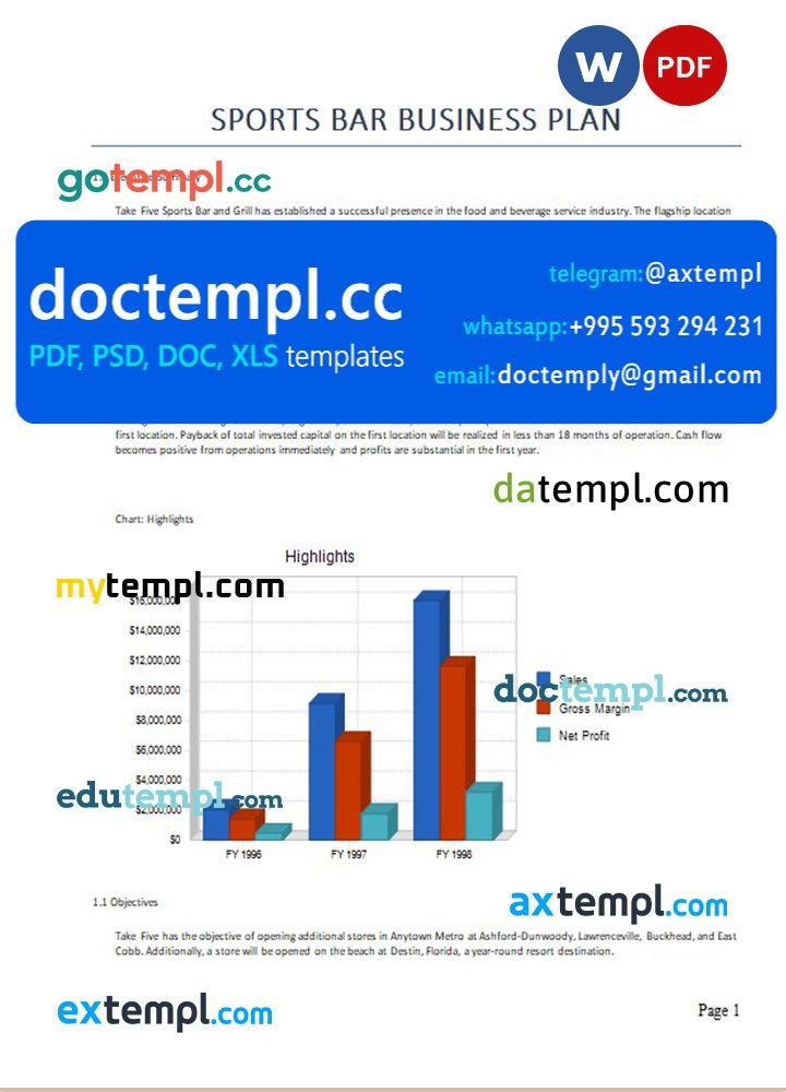 sports bar business plan template in Word and PDF formats