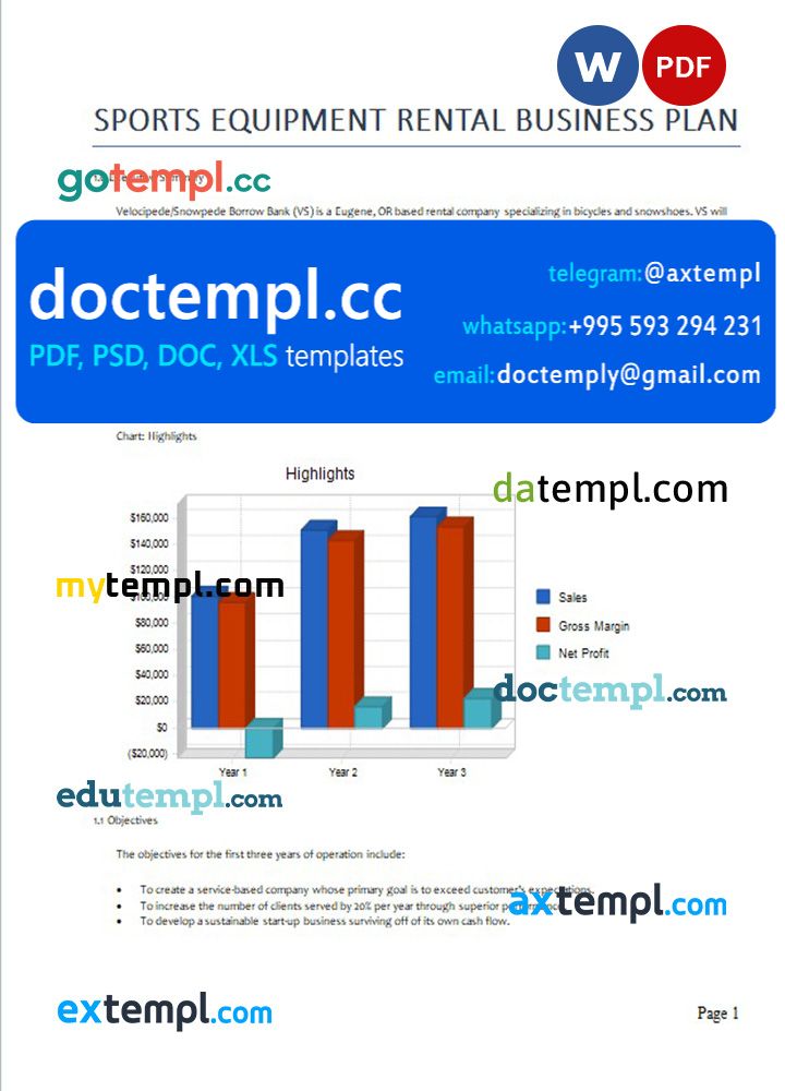 sports equipment rental business plan template in Word and PDF formats
