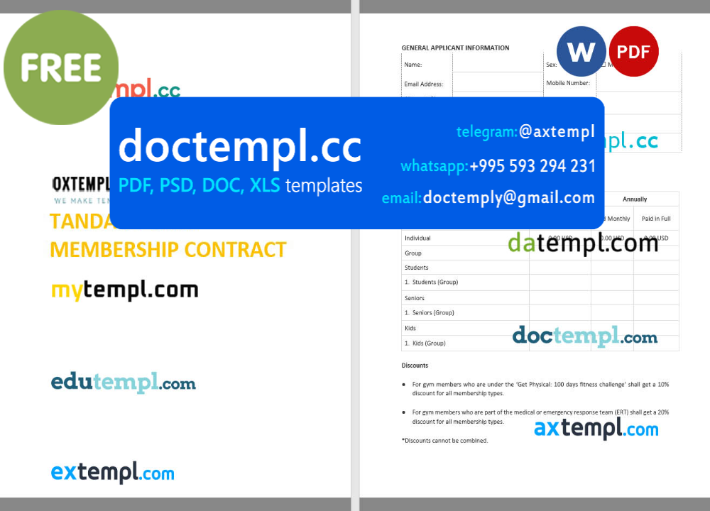 standard gym membership contract template, Word and PDF format