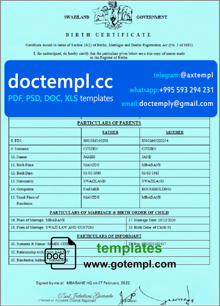 Swaziland birth certificate template in Word and PDF format