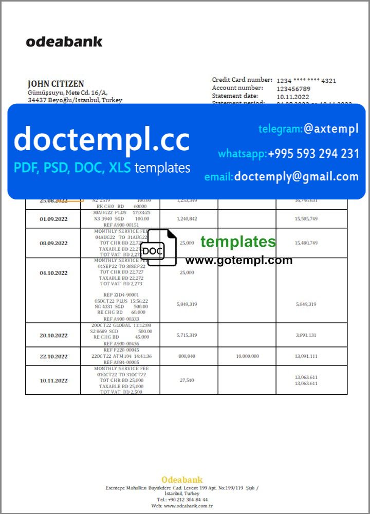 Turkey Odeabank bank statement template in .doc and .pdf format