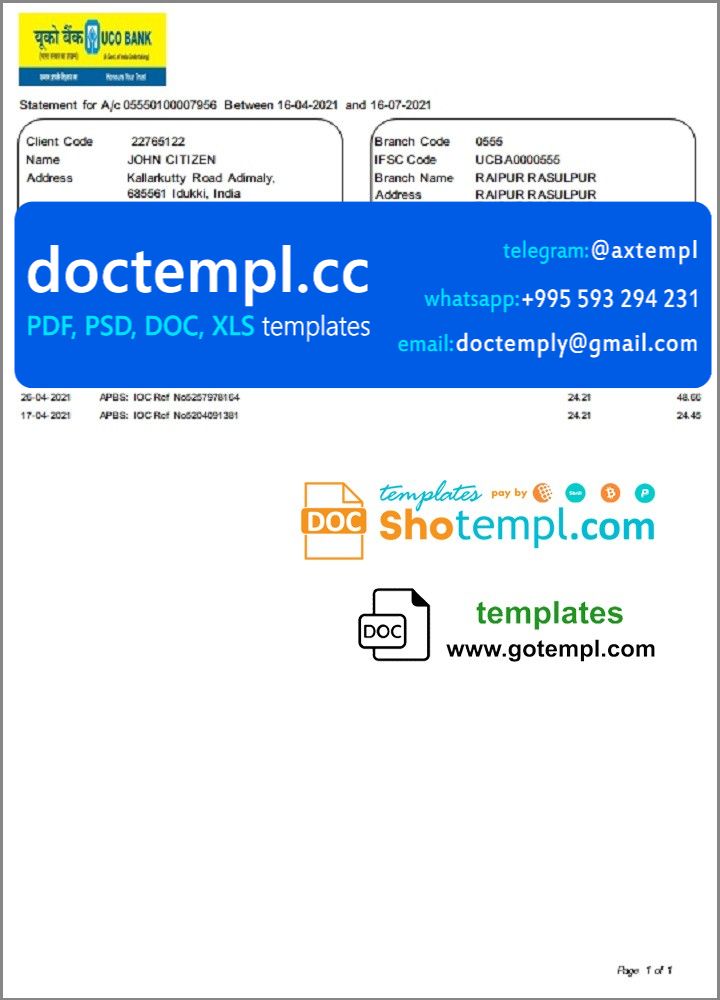 India UCO bank statement template in Word and PDF format