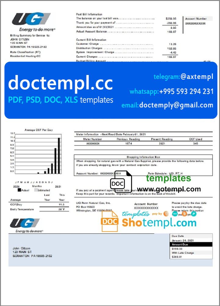 USA Pennsylvania UGI Utilities utility bill template in Word and PDF format