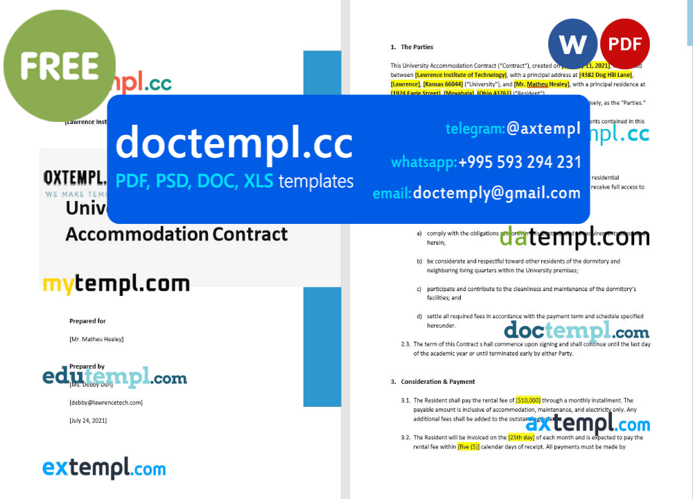 university accommodation contract template, Word and PDF format