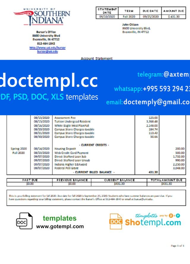 USA University of Southern Indiana account billing statement template in Word and PDF format