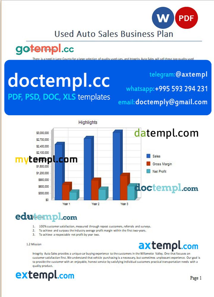 used auto sales business plan template in Word and PDf formats