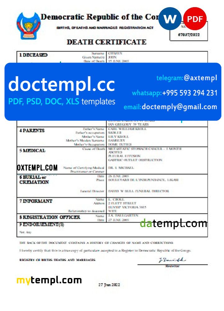 Democratic Republic of the Congo vital record death certificate Word and PDF template