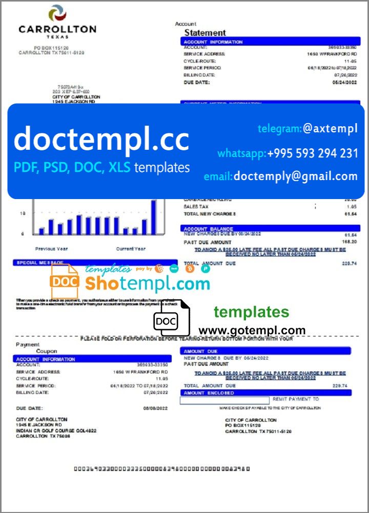 USA Texas Carrollton utility bill template in Word and PDF format