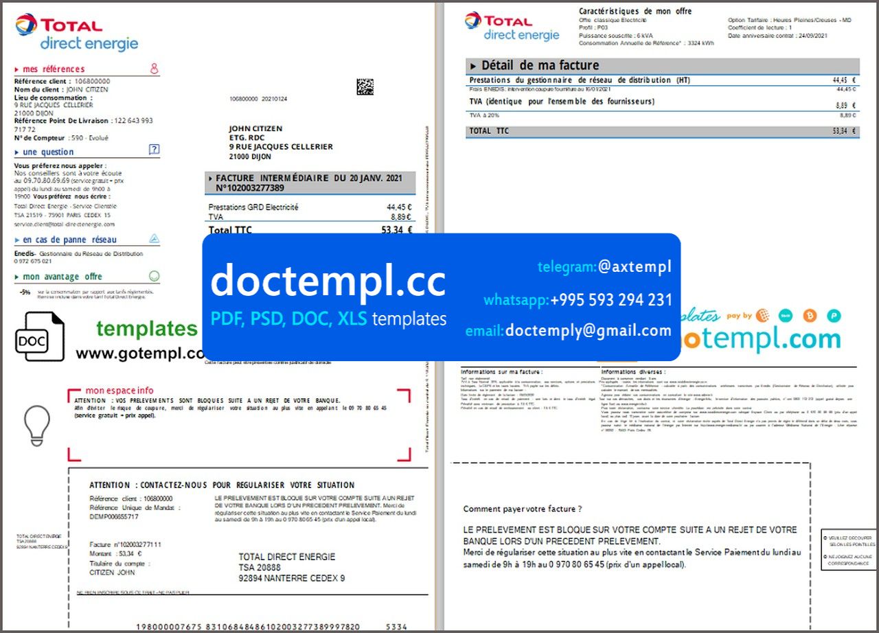 France Total Direct Energie utility bill template in Word and PDF format