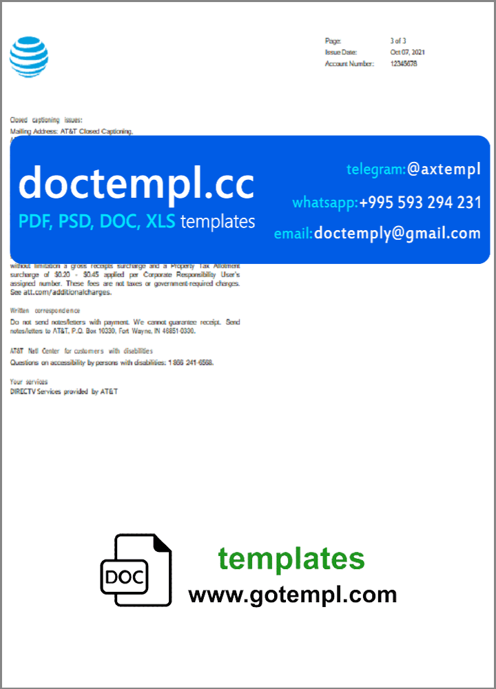 USA AT&T invoice template in Word and PDF format, fully editable (3 pages) - Image 2