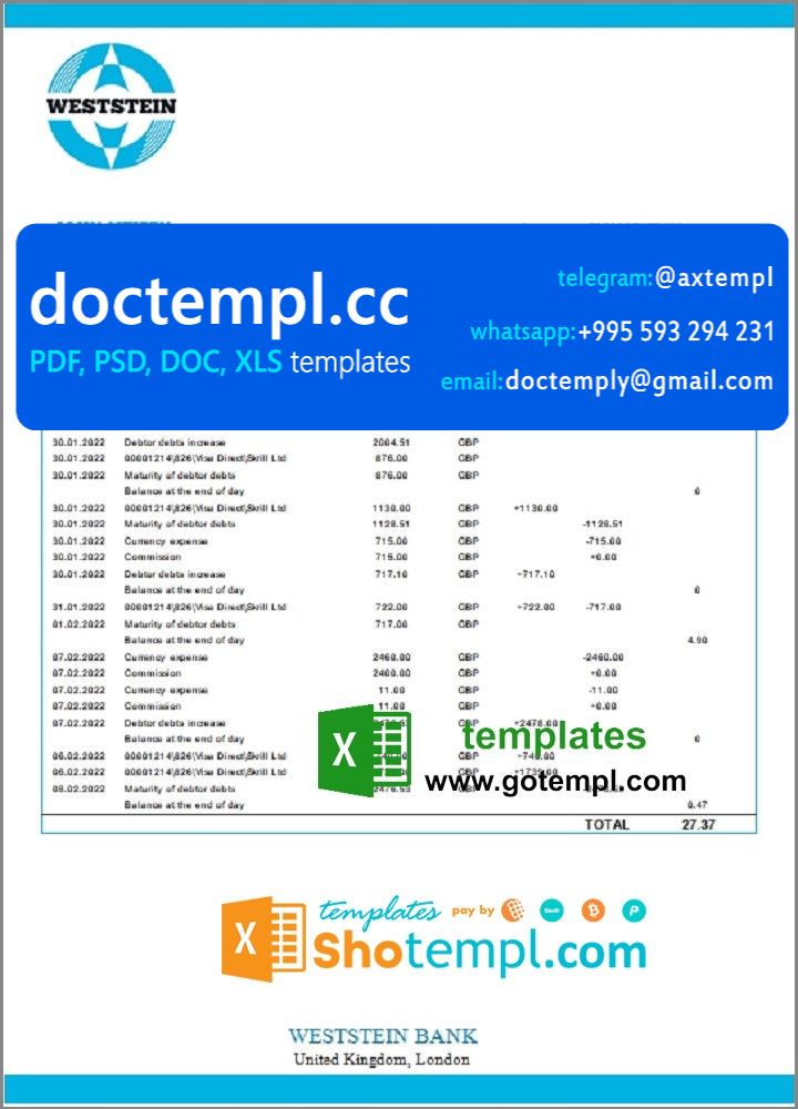 United Kingdom Weststein Bank statement in Excel and PDF format