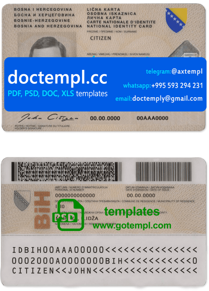Bosnia and Herzegovina ID template in PSD format, fully editable, with all fonts