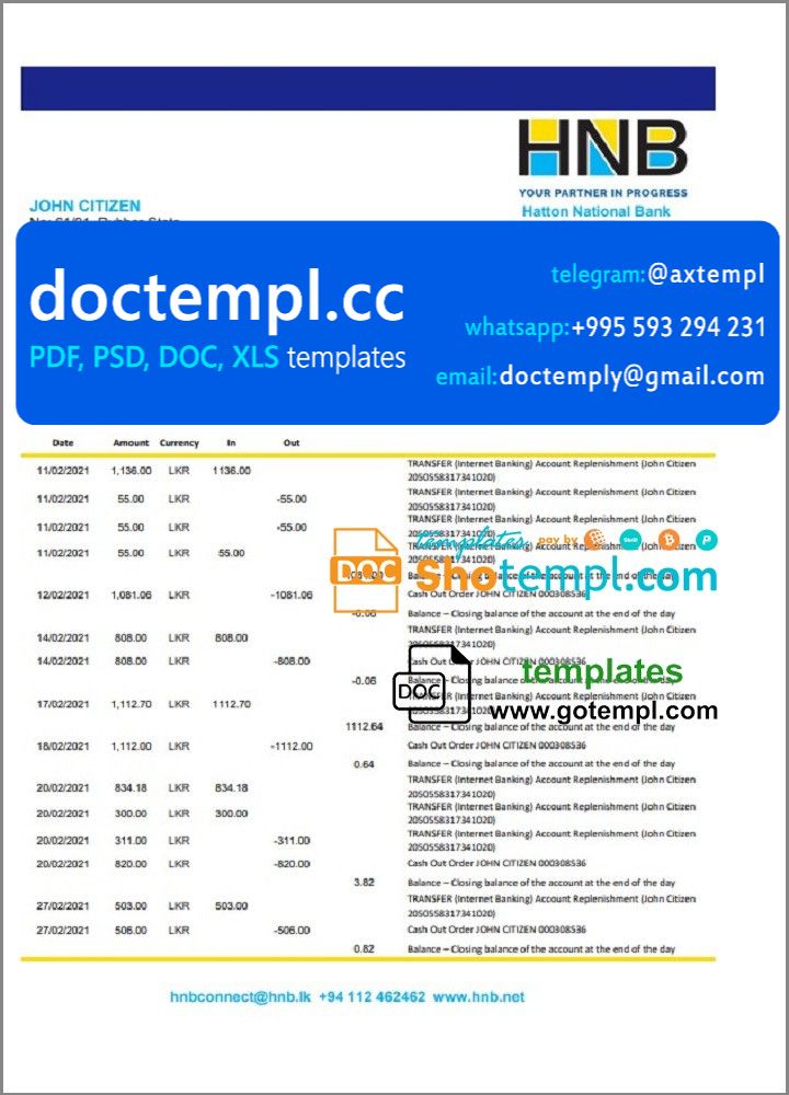 Sri Lanka Hatton National Bank statement template in Word and PDF format