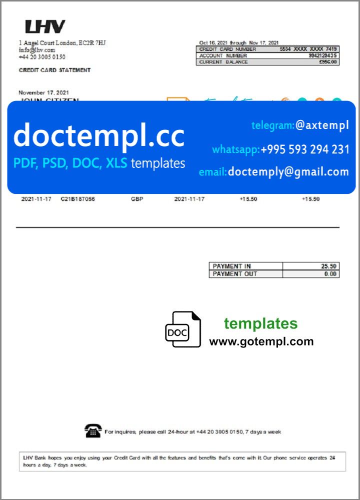 United Kingdom LHV Group bank statement in Word and PDF format