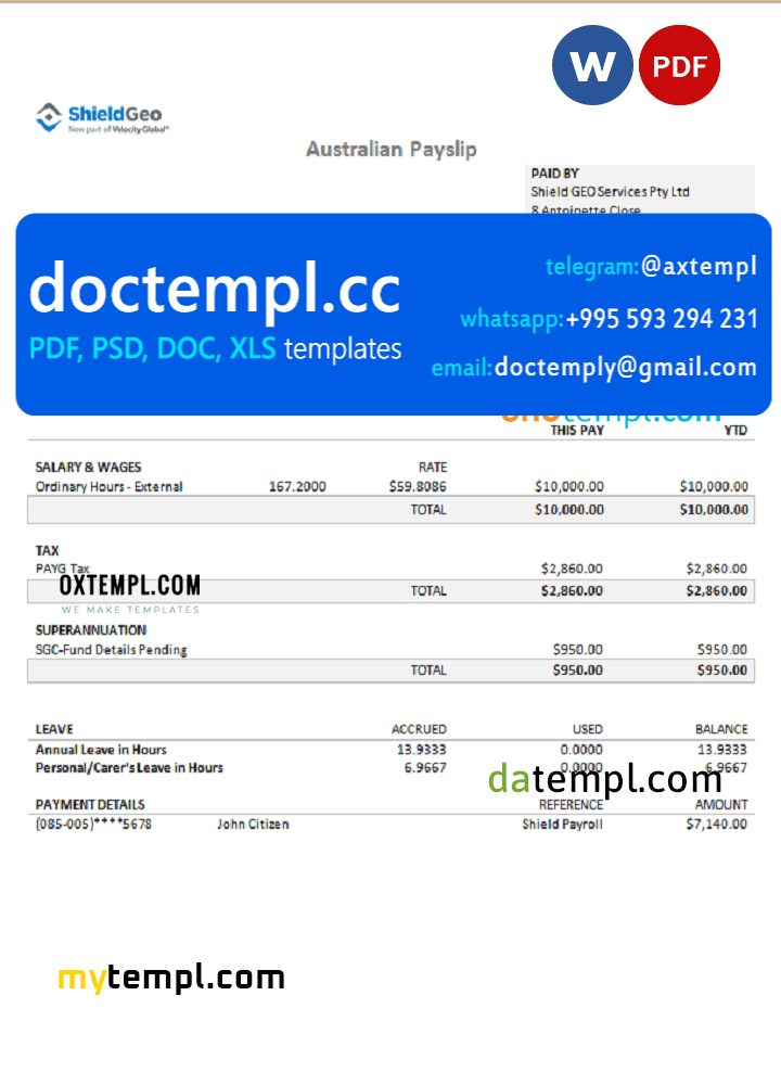 Australia Shield Geo consulting company pay stub Word and PDF template