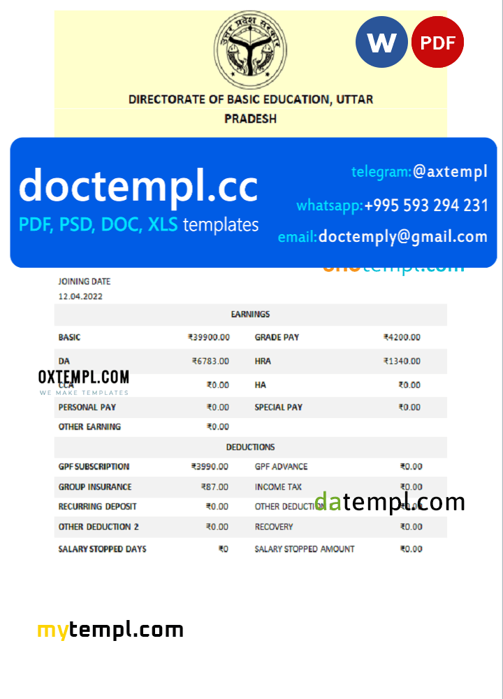 India Directorate of Basic Education Uttar Pradesh educational company pay stub Word and PDF template