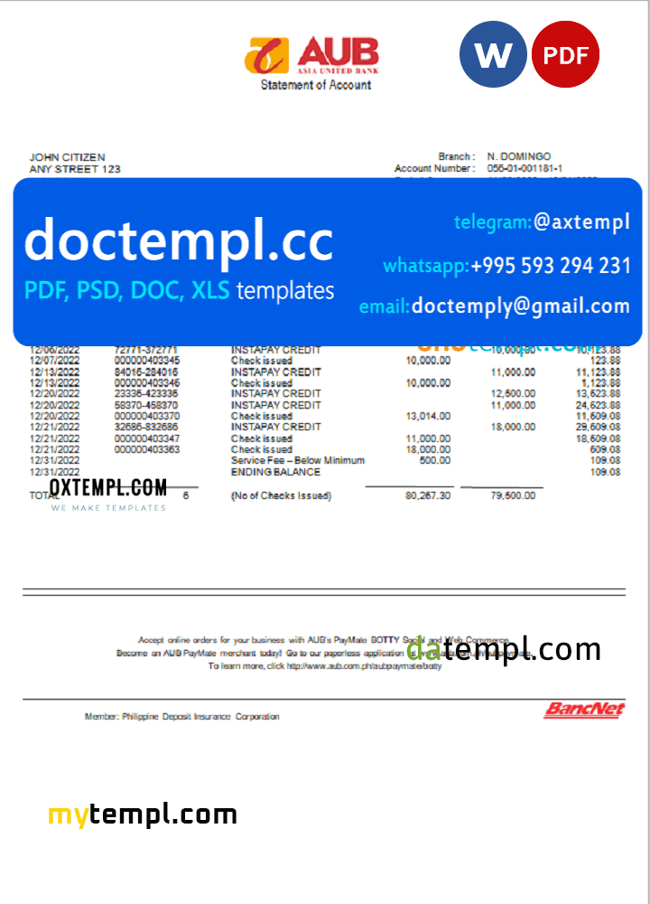 Philippines Asia United Bank (AUB) account statement Word and PDF template
