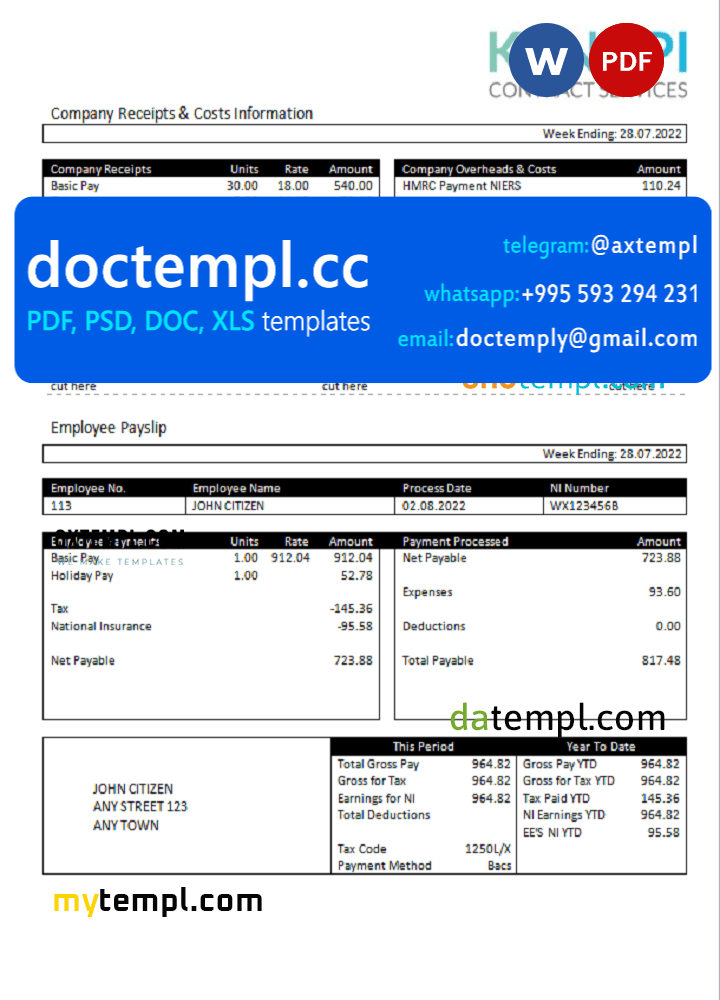 United Kingdom Kanopi Contract Services payroll company pay stub Word and PDF template