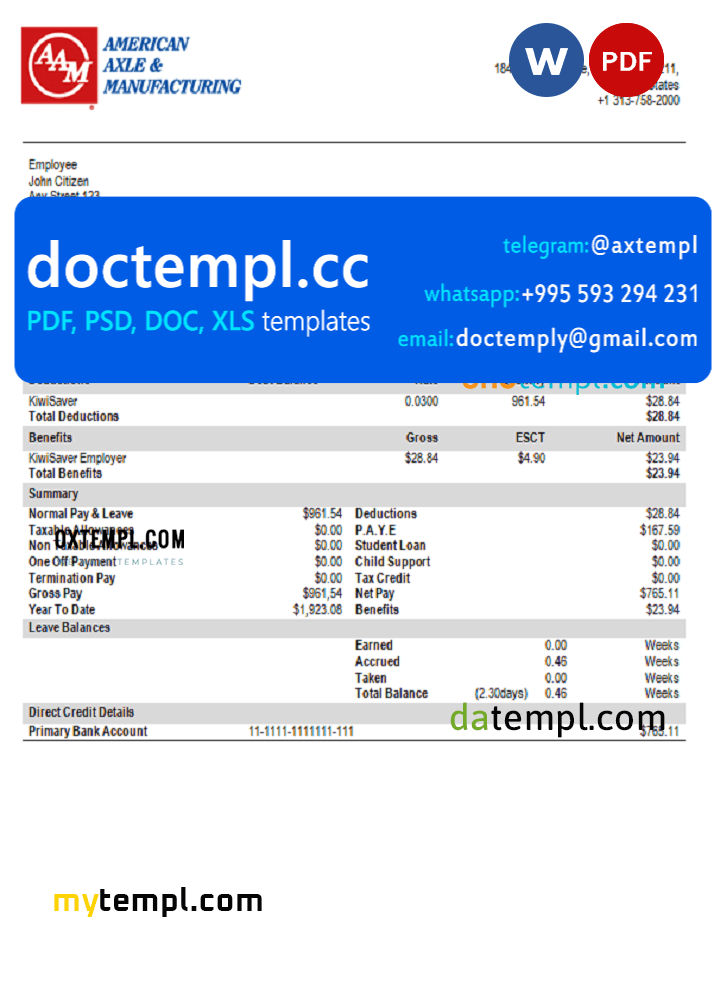 USA American Axle manufacturing company pay stub Word and PDF template