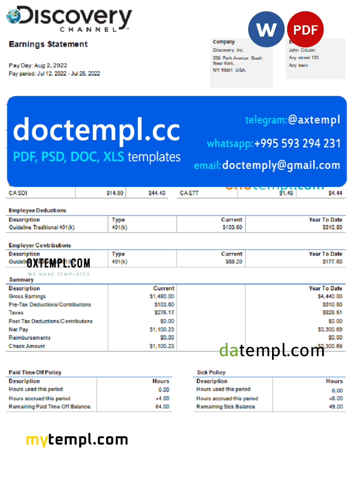USA Discovery Inc. entertainment company pay stub Word and PDF template