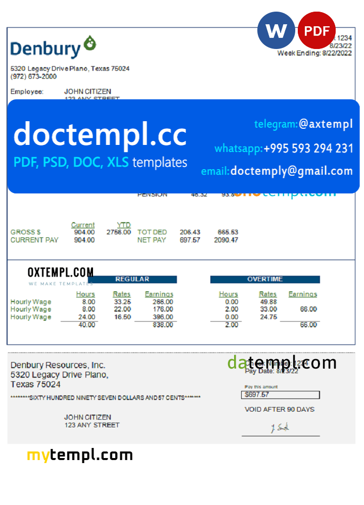 USA Denbury Resources Inc. oil & gas company pay stub Word and PDF template