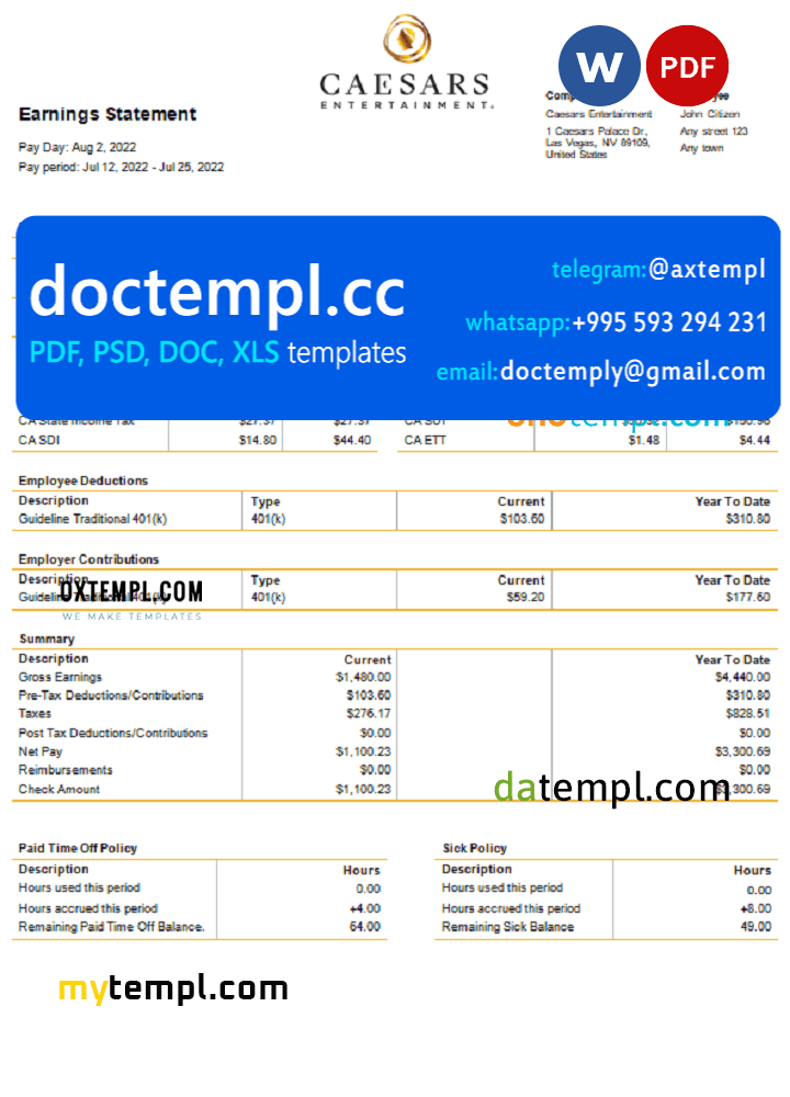 USA Caesars Entertainment casino and resort company pay stub Word and PDF template