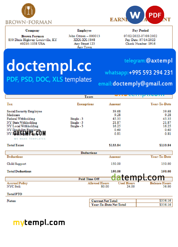 USA Brown Forman alcoholic beverages company pay stub Word and PDF template