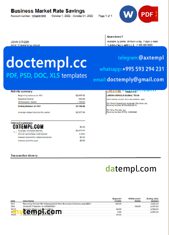 USA Wells Fargo bank statement Word and PDF template, version 2
