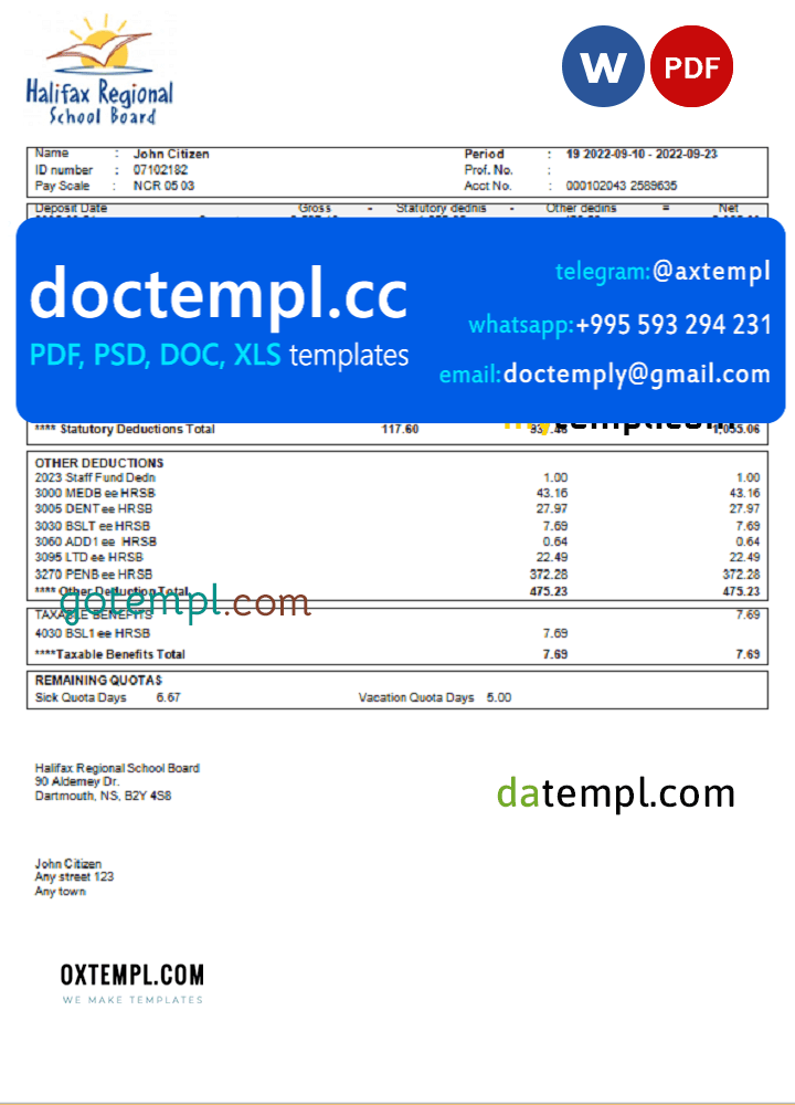 USA educational earning statement template in Word and PDF format