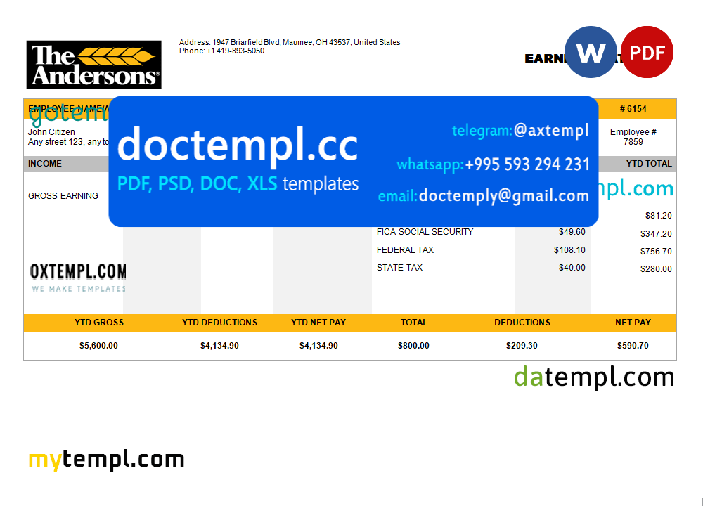 USA food production company employee sheet template in Word and PDF format
