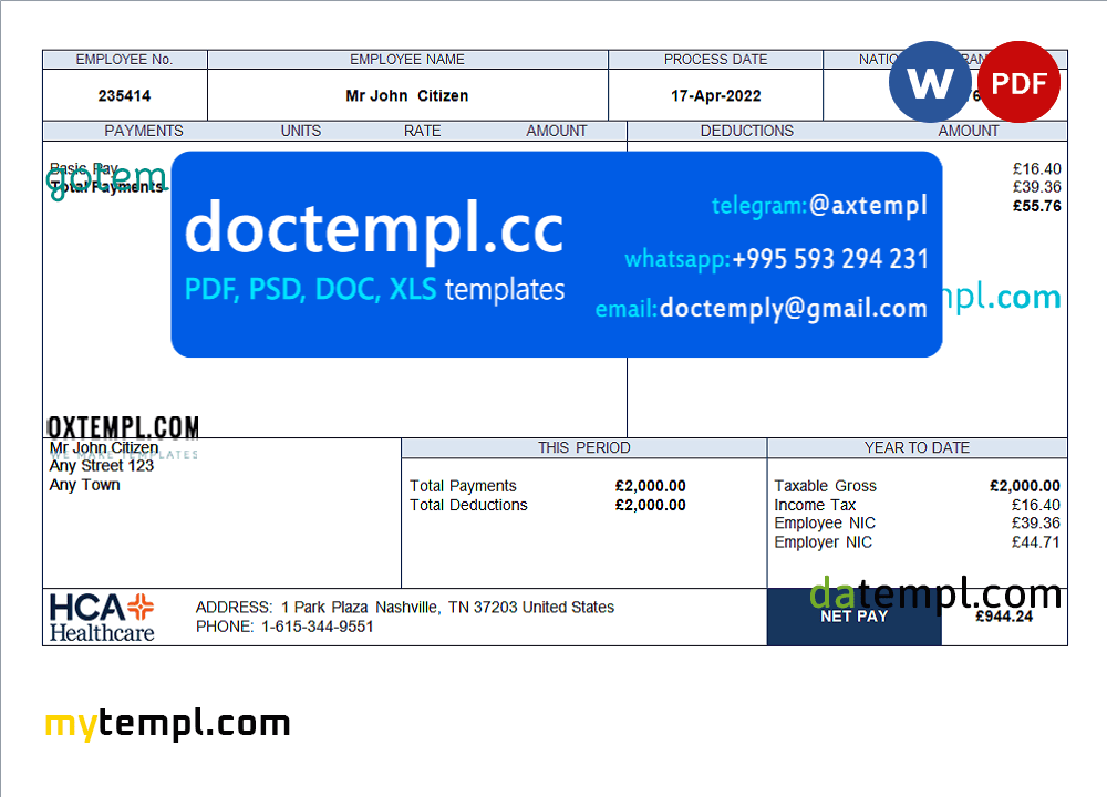 USA healthcare company employee sheet template in Word and PDF format