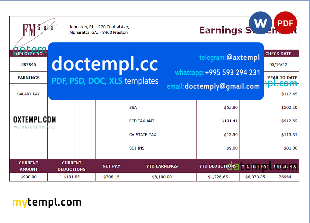USA insurance company earning statement template in Word and PDF format