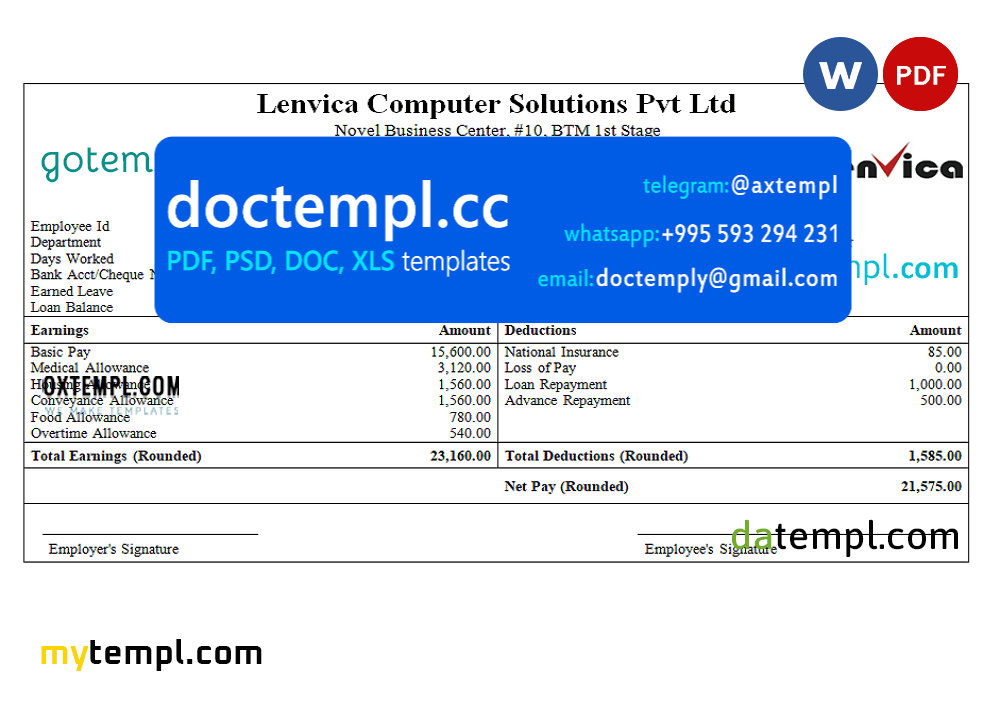 India Lenvica computer solutions company pay stub Word and PDF template