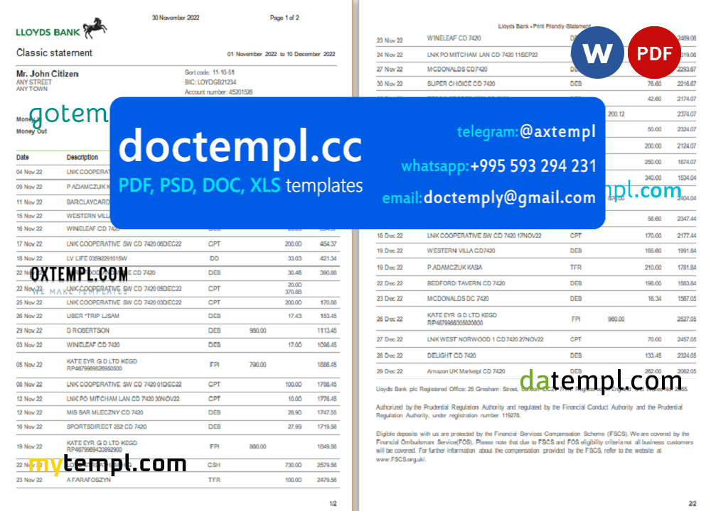 USA Lloyds bank statement, Word and PDF template, 2 pages