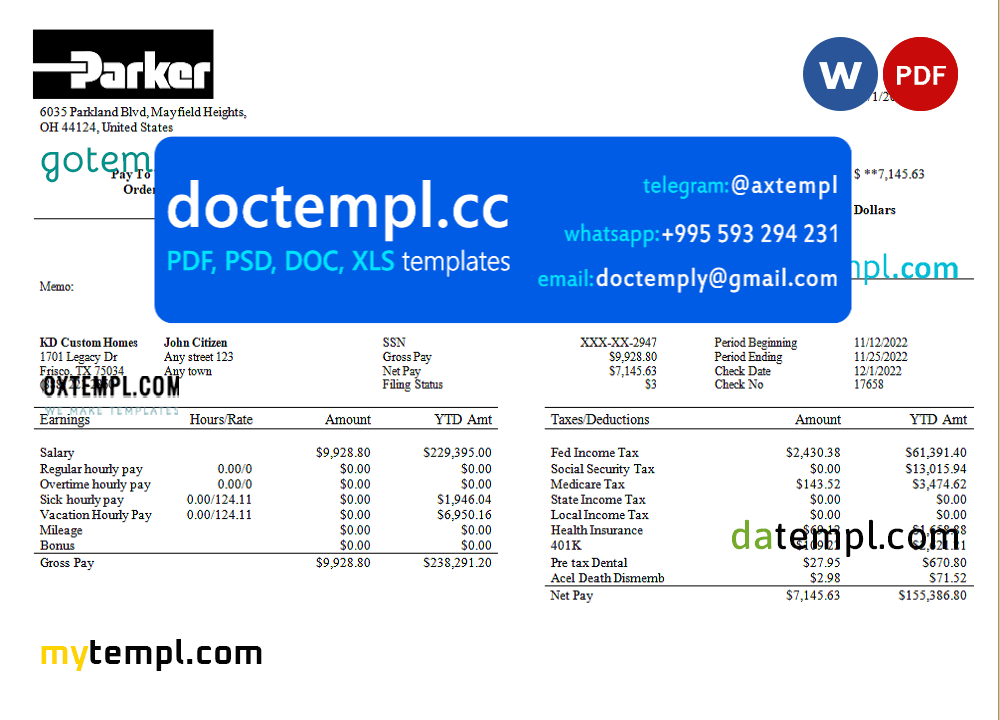 USA Parker Hannifin engineering company pay stub Word and PDF template