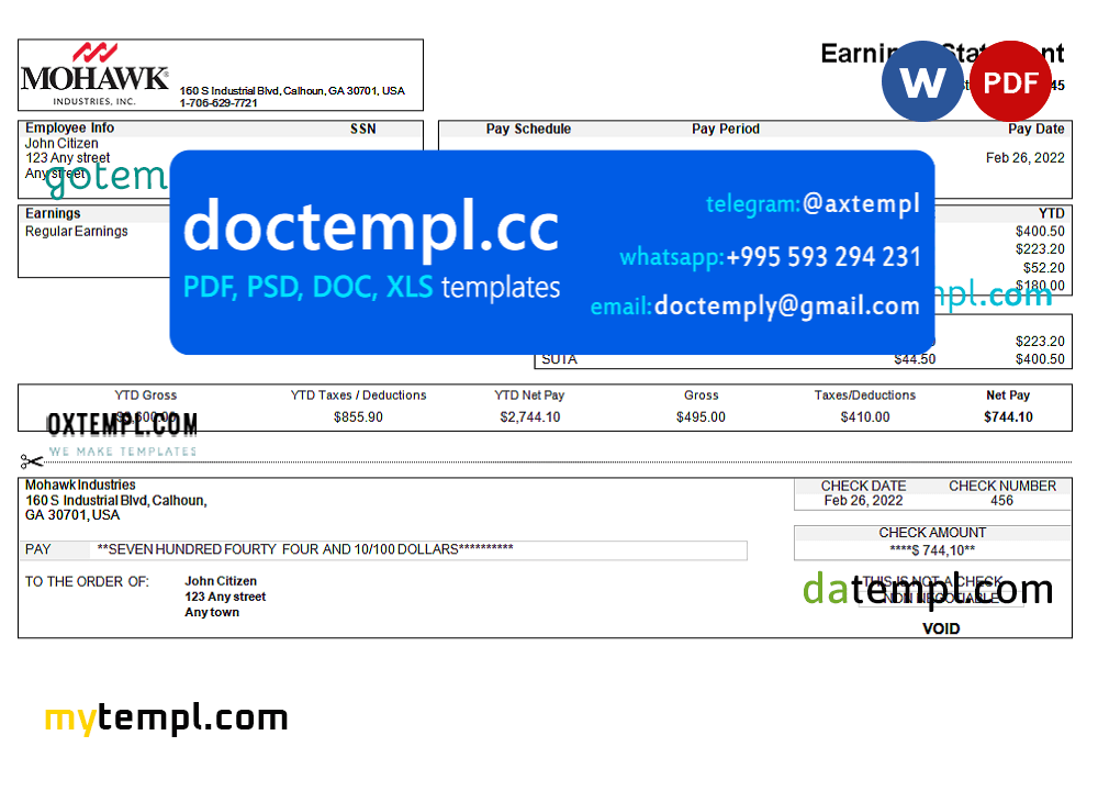 USA manufacturing company earning statement template in Word and PDF format