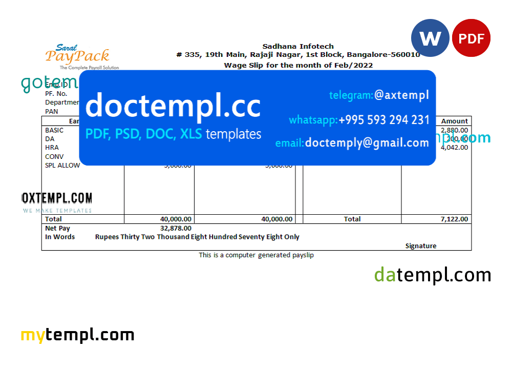 India Sadhana infotech pharmaceutical company pay stub Word and PDF template