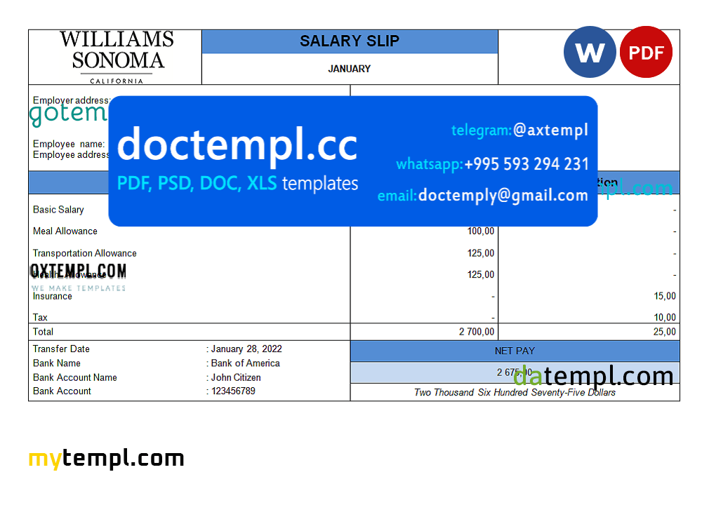 USA retail company employee sheet template in Word and PDF format, version 2
