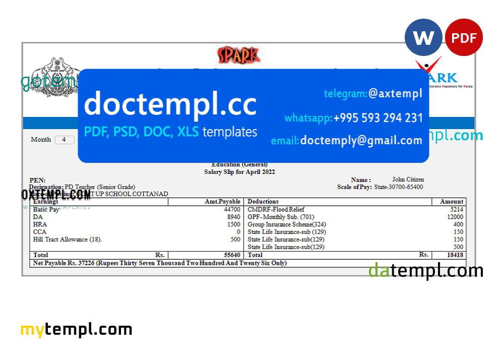 India Service and Payroll Administrative Repository for Kerala payroll company pay stub Word and PDF template