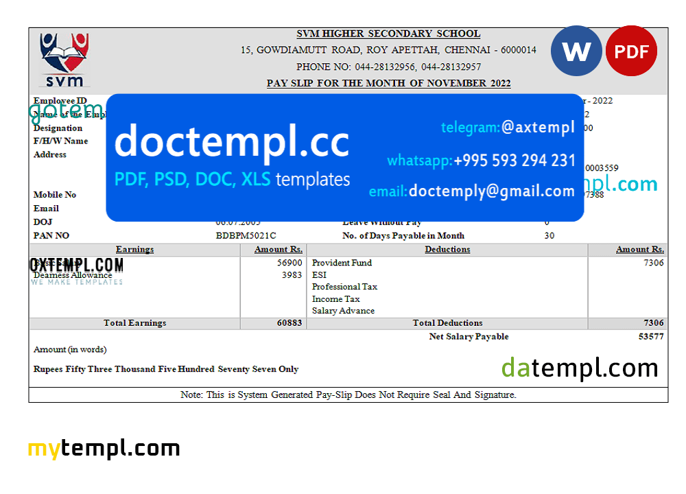India SVM HIGHER SECONDARY SCHOOL educational company pay stub Word and PDF template