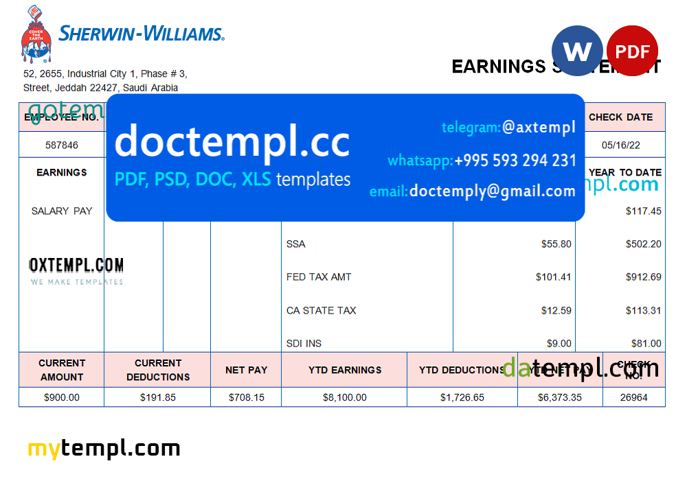 UAE Sherwin-Williams Paints paint manufacturing company pay stub Word and PDF template