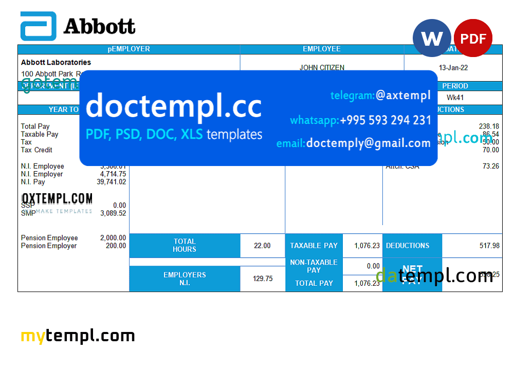 United Kingdom Abbott Laboratories medical devices distributing company pay stub Word and PDF template